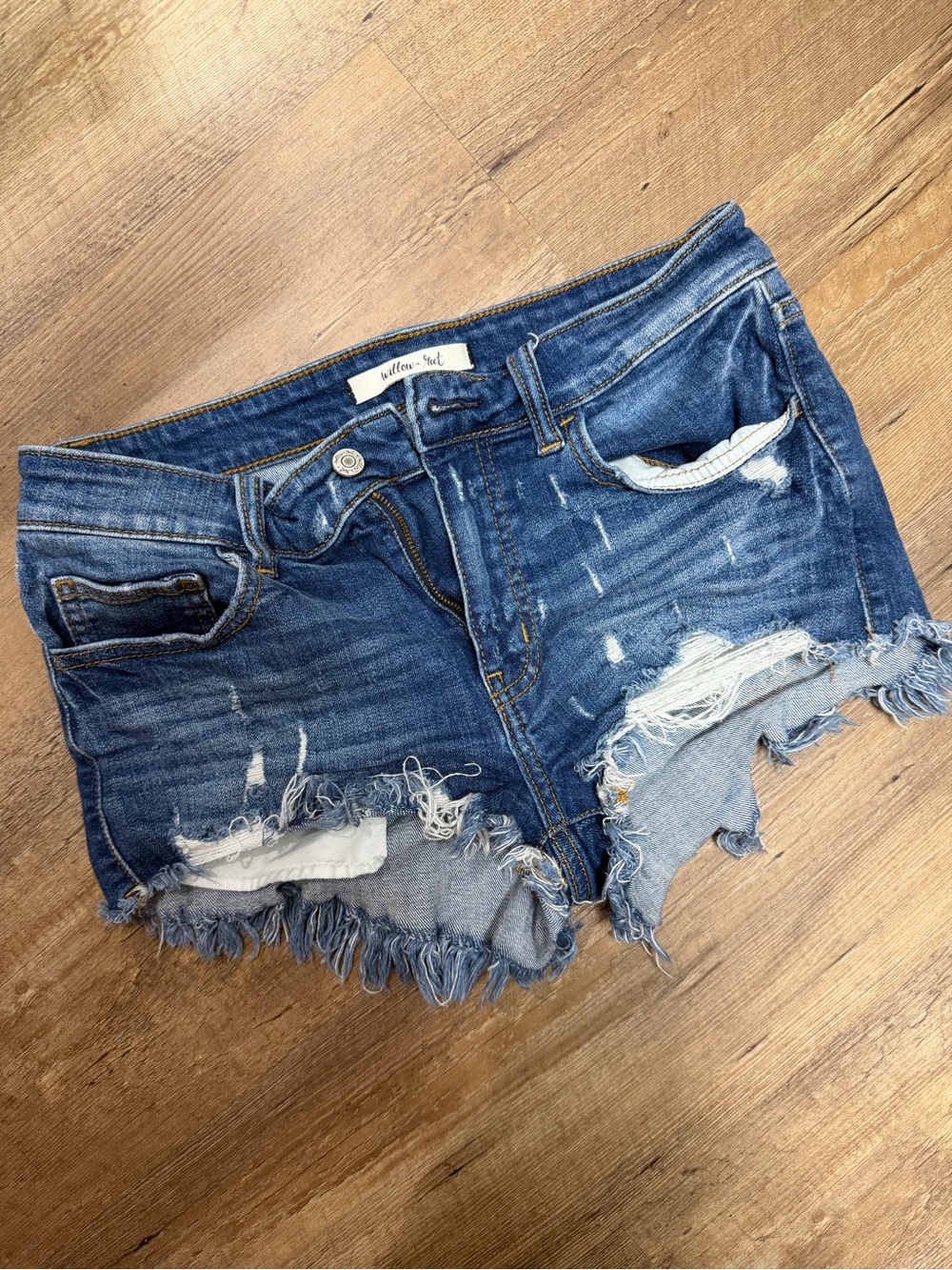 Wellen + Skye Frayed Hem Distressed Denim Shorts - Blue